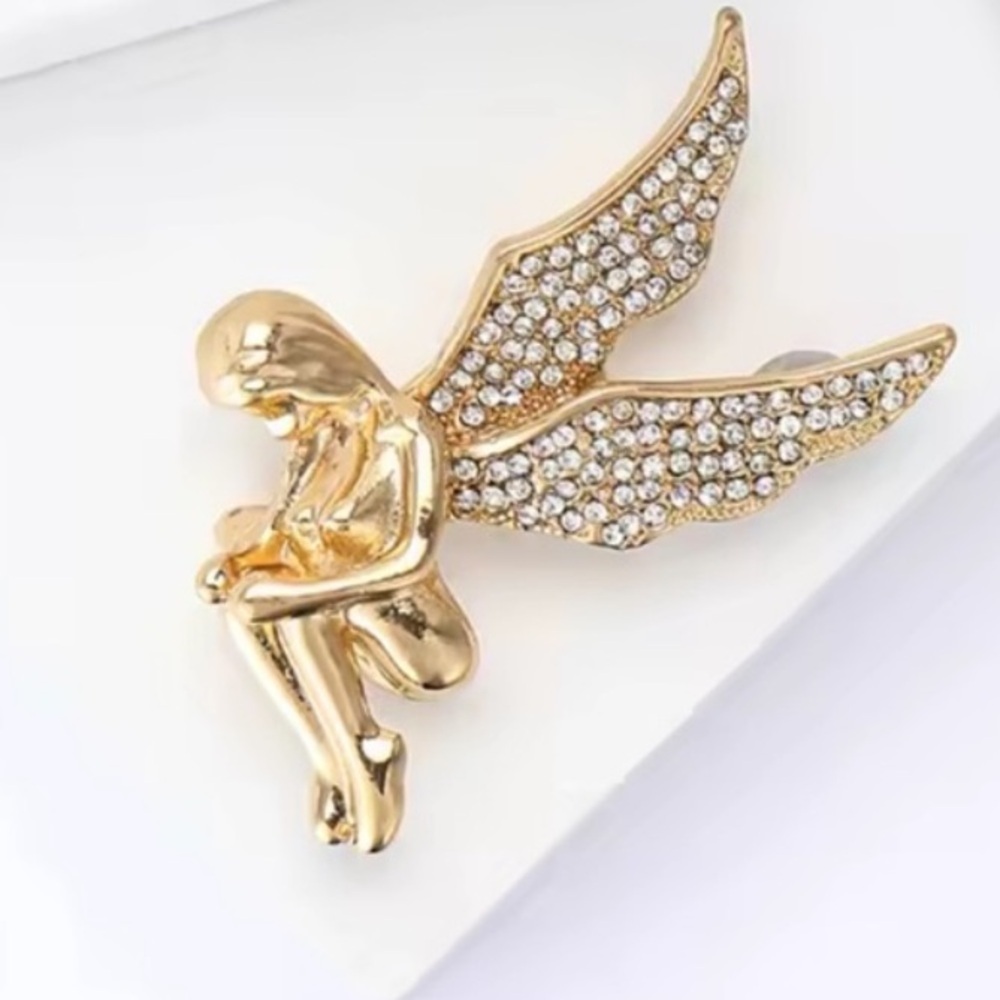 Angel Guardian Wings Crystal Gold Brooch